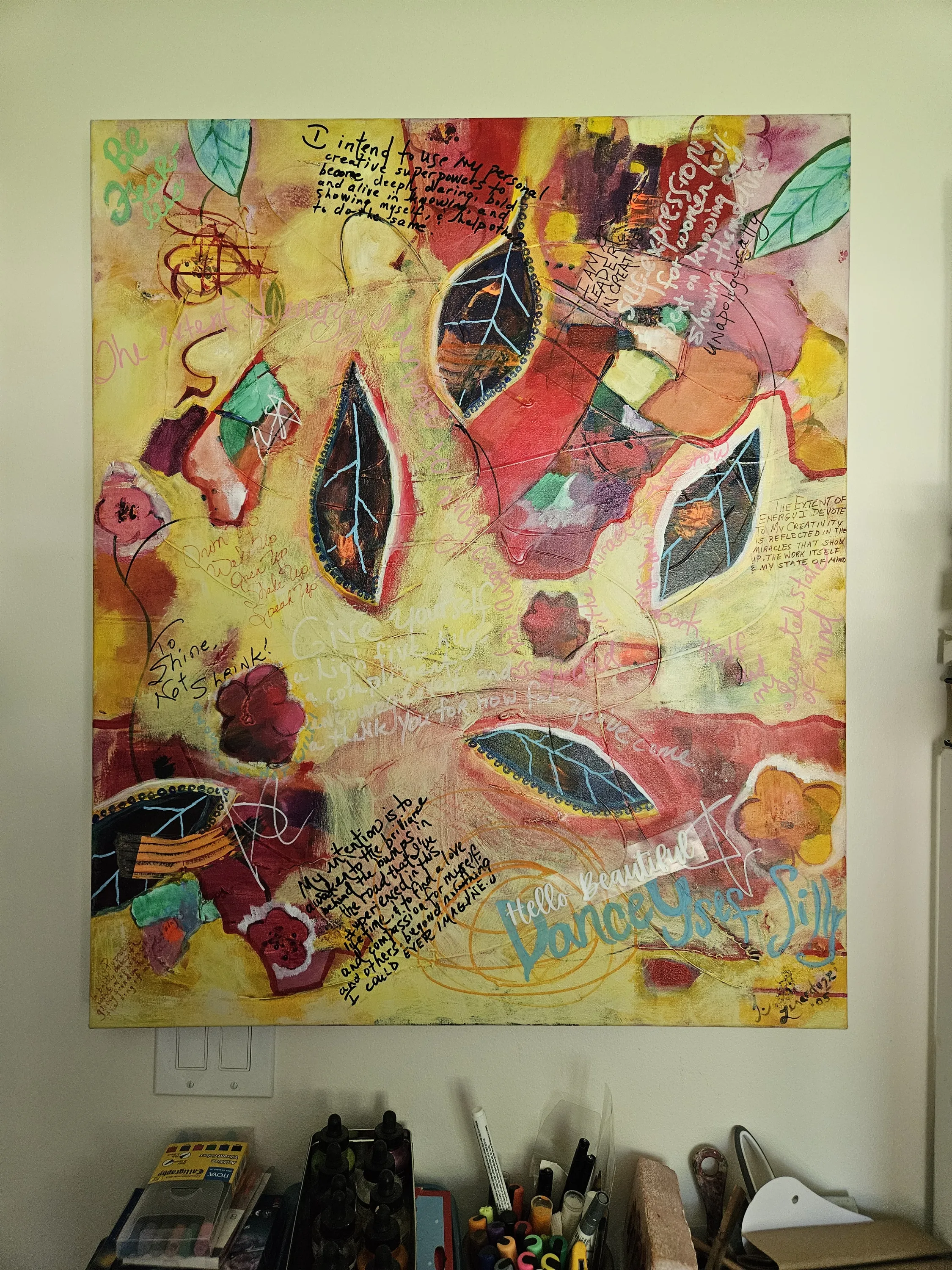 Mixed media journal canvas reading Give Yourself a Life, To Shine Not Shrink